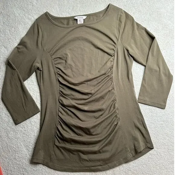 Sundance: Olive-Brown Draped Front Ruched 3/4 Sleeve Top - Picture 4 of 5